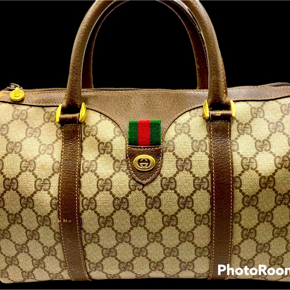 Gucci Brown Monogram Canvas Top-Handle Bag with Green-Red Web - Picture 1 of 11